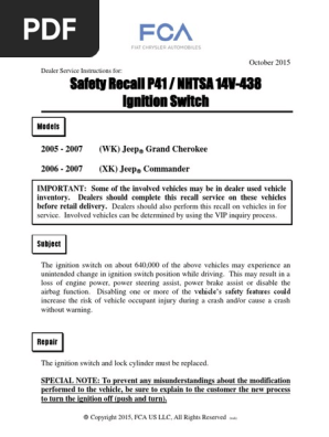 Safety Recall P41 - NHTSA 14V-438 Ignition Switch Problem