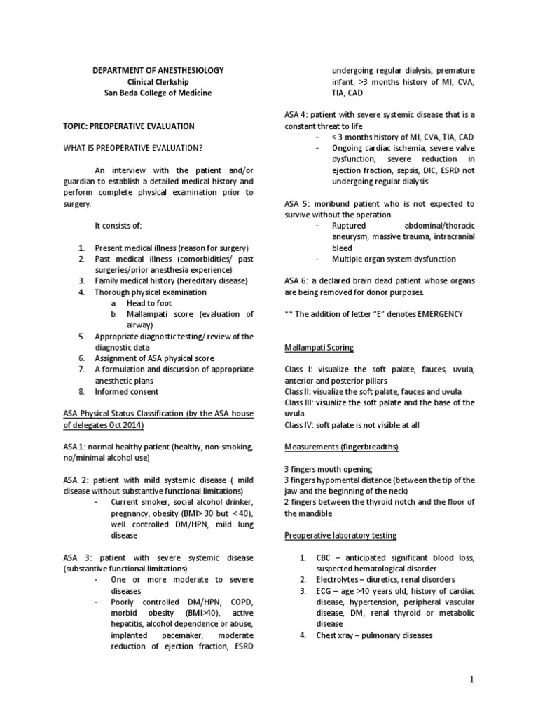 Preoperative Evaluation Handout Pdf Surgery Anesthesia