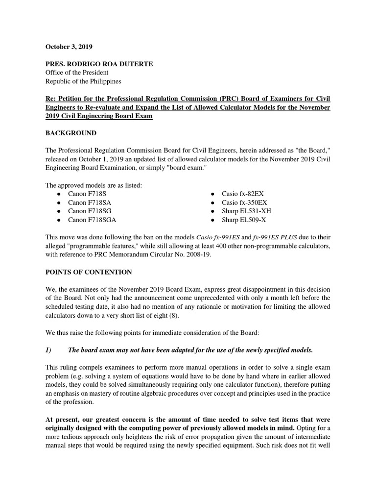 Petition Allowed Calculators by PRC For CE Nov 2019 Board Exam PDF