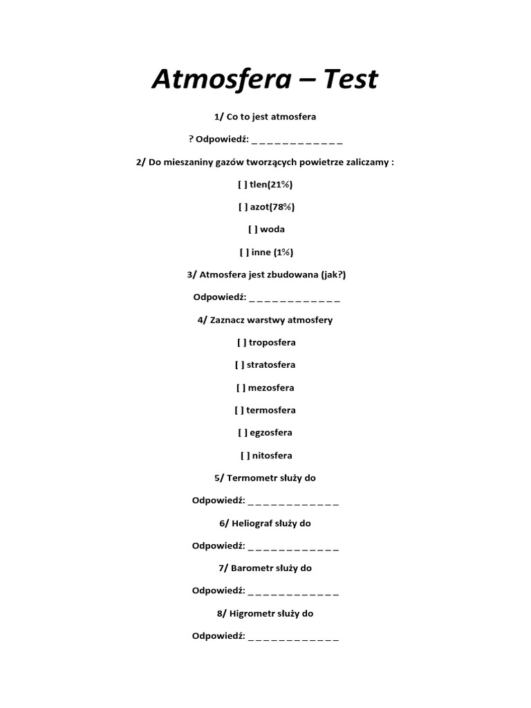 Geografia Sprawdzian Atmosfera I Hydrosfera