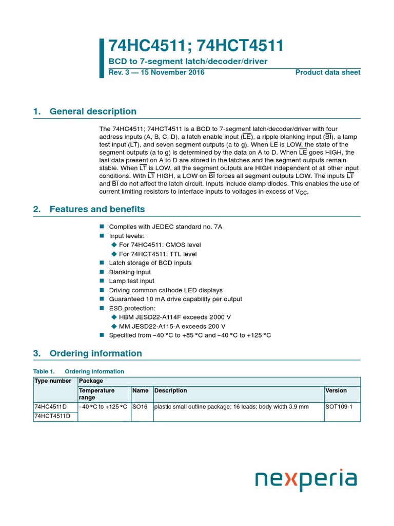 74HC4511 BCD to 7-Segment Driver | PDF | Electromagnetism | Electrical ...