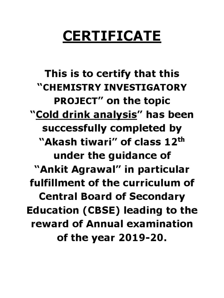 Certificate: Chemistry Investigatory Project PDF