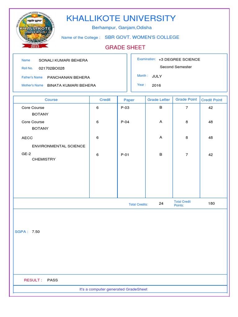 Khallikote University Grade Sheet | PDF