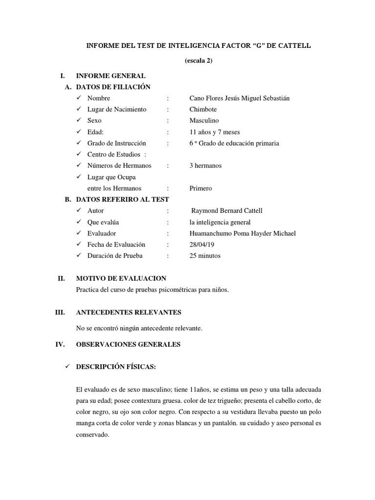 Informe del Test de Inteligencia Factor "G | PDF | Inteligencia ...
