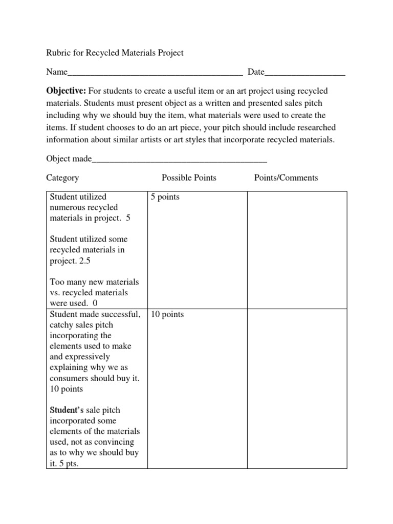 Rubric For Recycled Materials Project | PDF | Career &amp; Growth