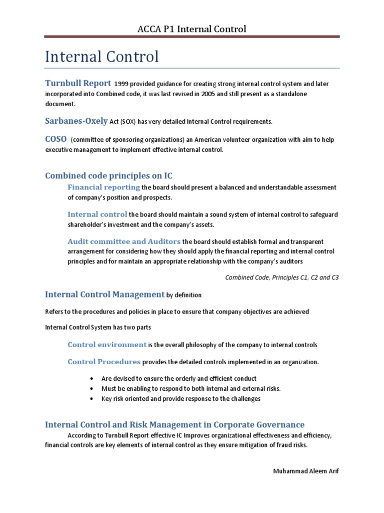 Acca P1 Internal Control Overview Pdf Internal Control Internal Audit