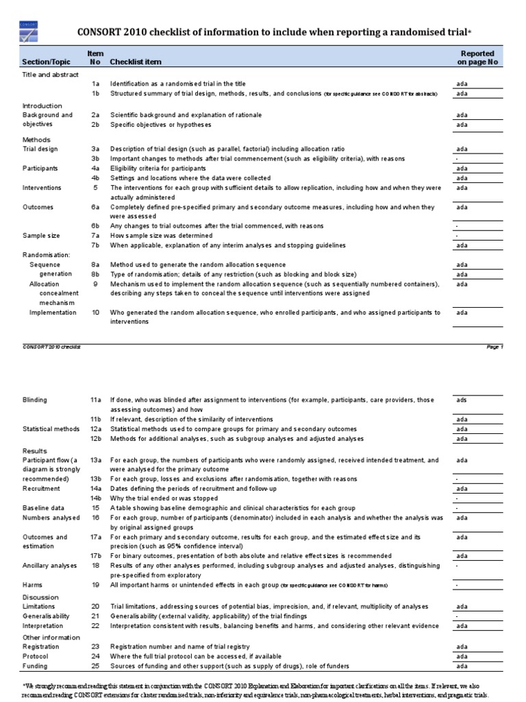 CONSORT 2010 Checklist for RCT Reporting | PDF | Randomized Controlled ...