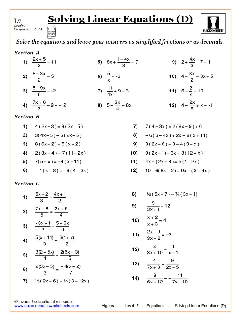 Algebra. Level 7. Equations. Solving Linear Equations (D) | PDF ...