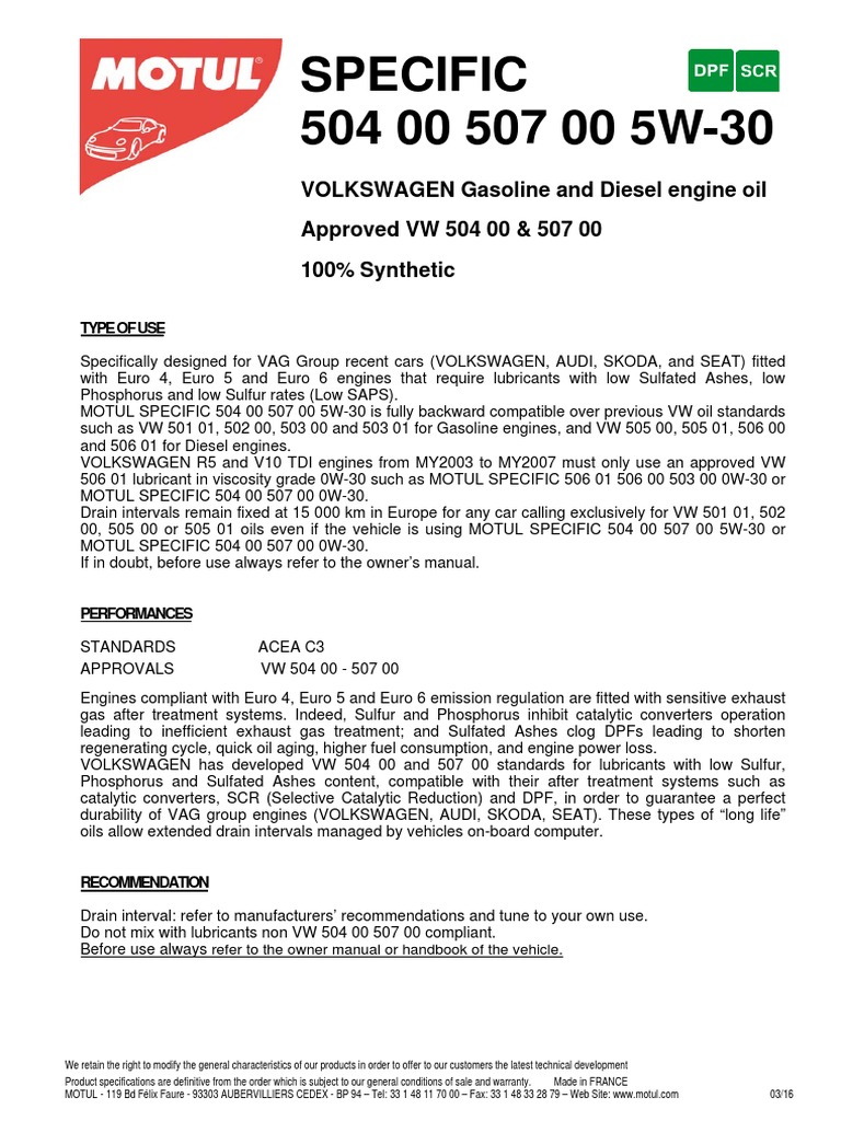 Proprietati Ulei Specific 504 507 | PDF | Motor Oil | Volkswagen