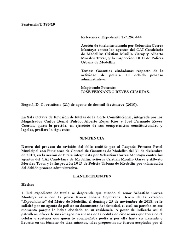 Sentencia T-385 de 2019 | PDF | Mandato | Derecho Constitucional