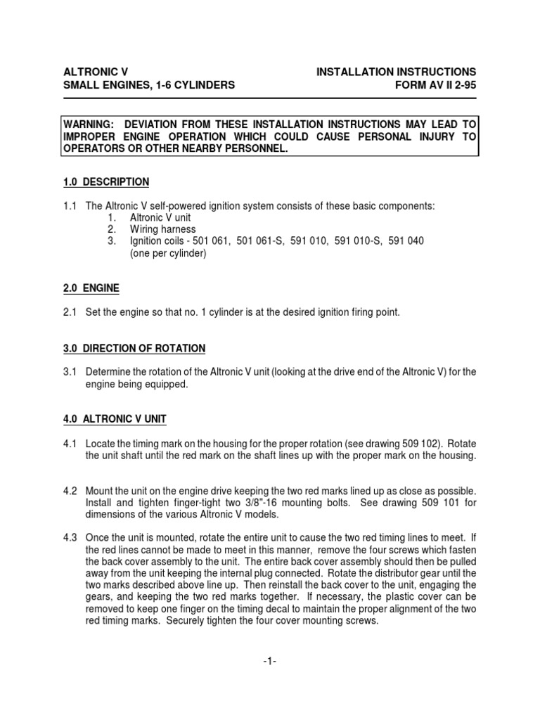 Altronic V Installation Instructions Small Engines, 16 Cylinders Form
