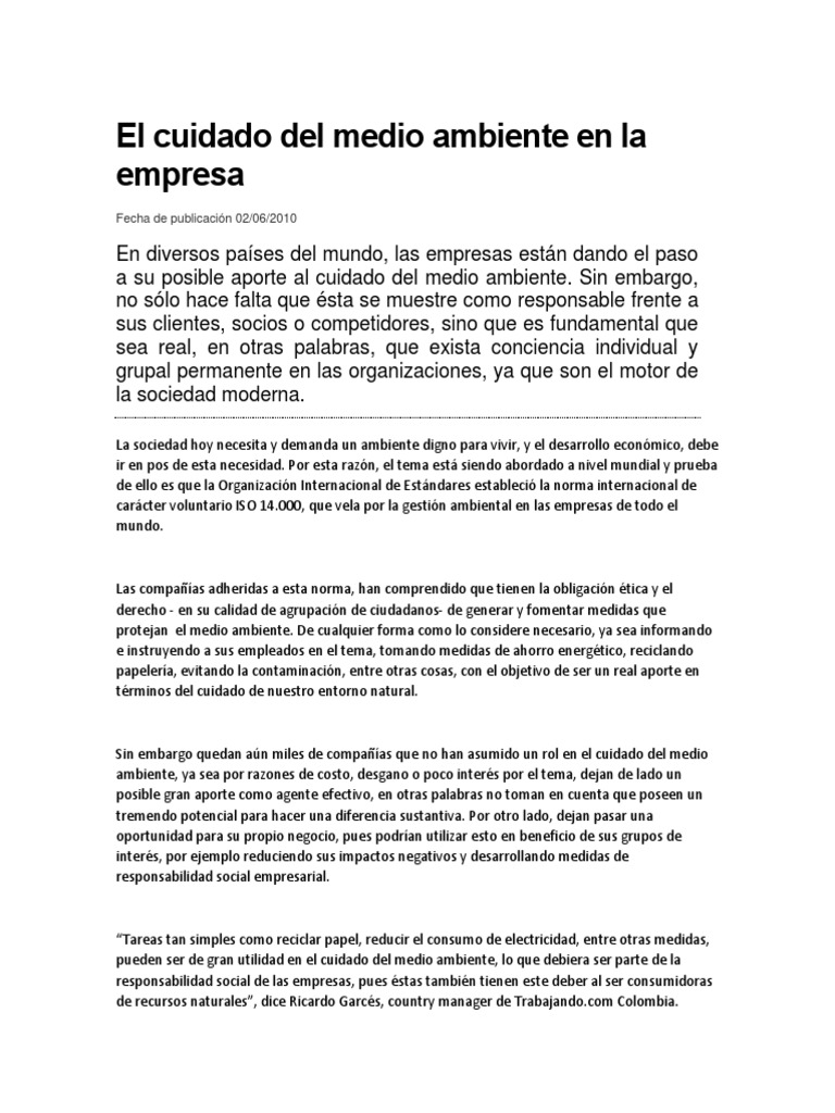 El Cuidado Del Medio Ambiente en La Empresa | PDF | Responsabilidad ...