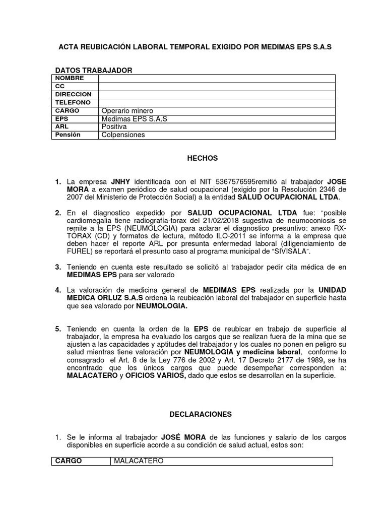 Acta de Reubicación Laboral Temporal | PDF | Labor | Salud y bienestar