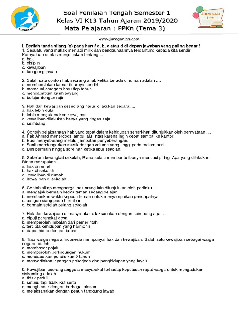 Soal Ppkn Kelas 6 Semester 1 Tema3