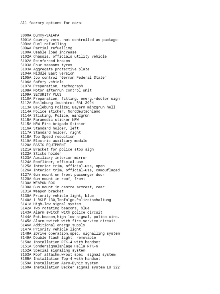 List of Factory Options for Cars Including Option Codes and