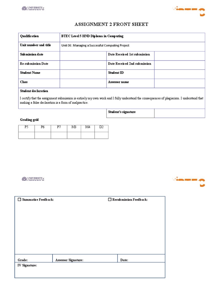 BTEC HND Computing Project Assignment Sheet | PDF