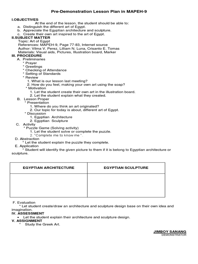 MAPEH-9 Lesson Plan: Egyptian Art | PDF | Art