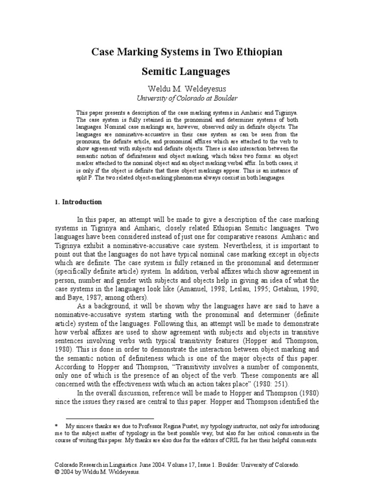 WeldeyesusCase Marking Systems in Two Ethiopian Semitic Languages