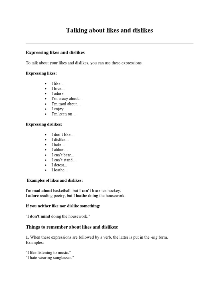 Talking About Likes and Dislikes | PDF | Foreign Language Studies ...