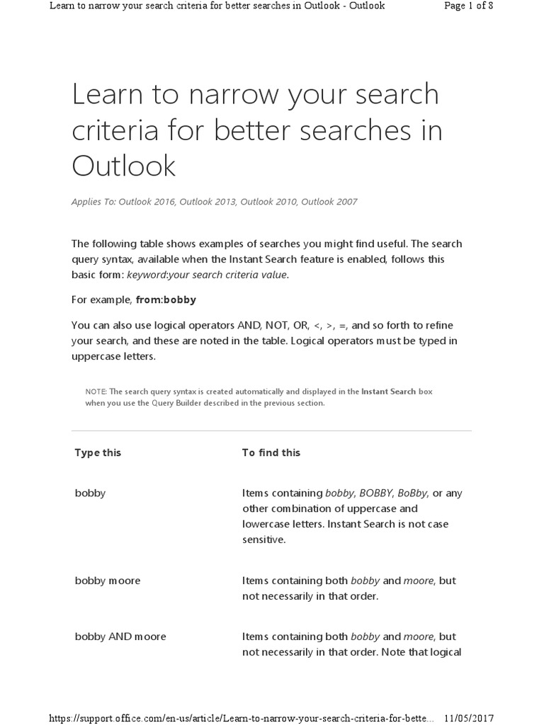Outlook Search Boolean Operators