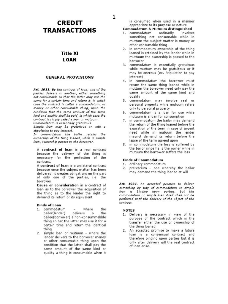 Understanding Commodatum and Mutuum Loans | PDF | Usury | Interest