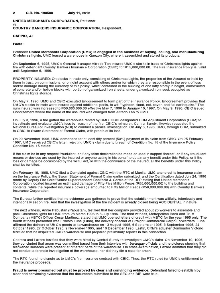 United Merchants Corporation Vs Country Bankers Insurance Corporation