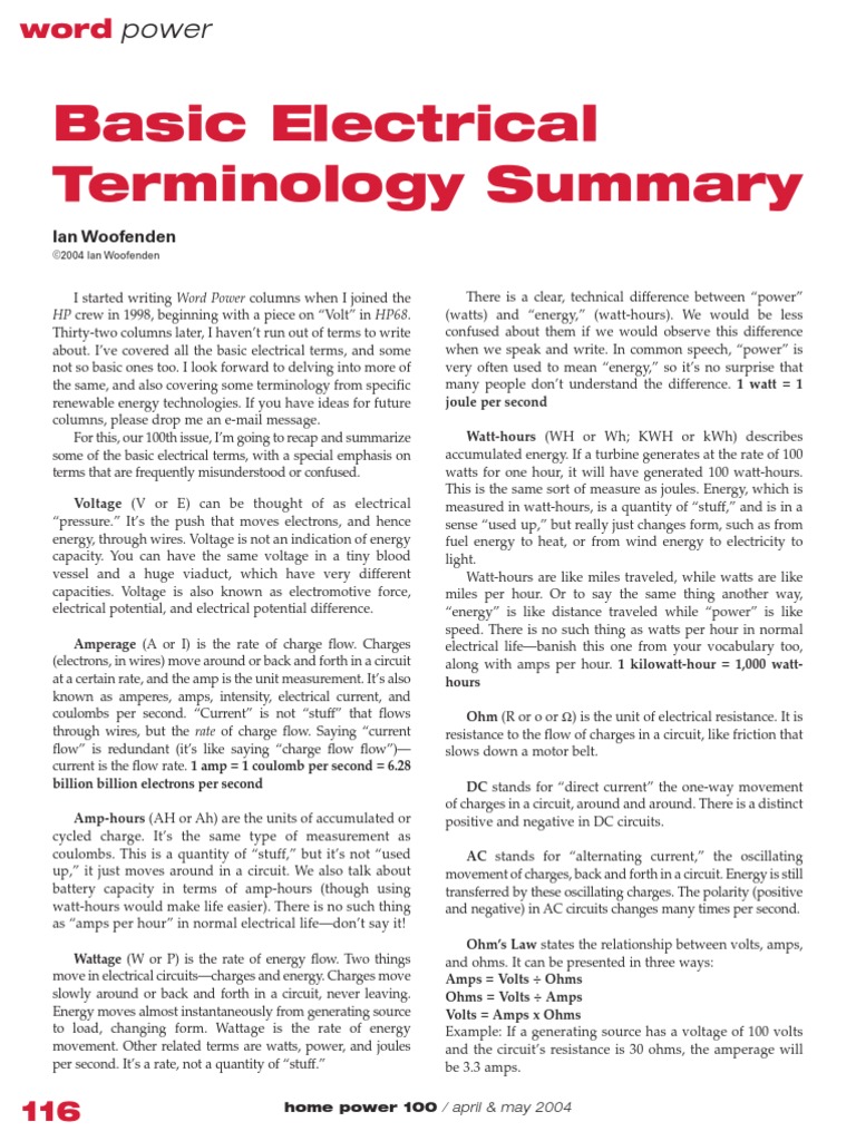 Basic Electrical Terminology Summary Ian Woofenden PDF Electric