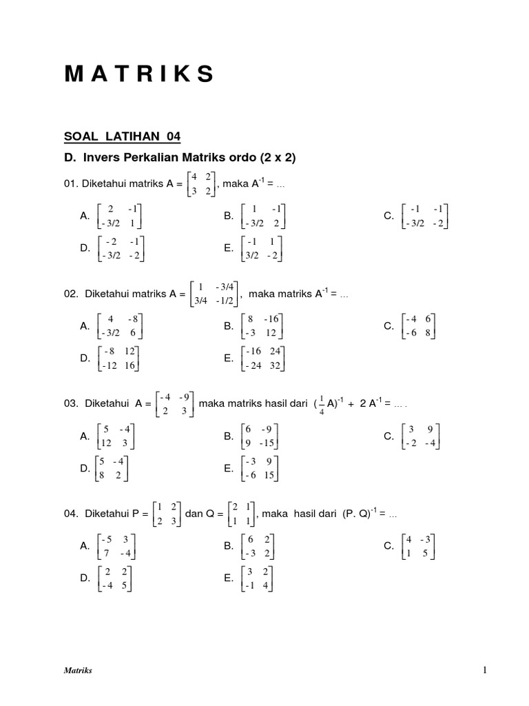 Latihan Invers Perkalian Matriks Ordo 2x2