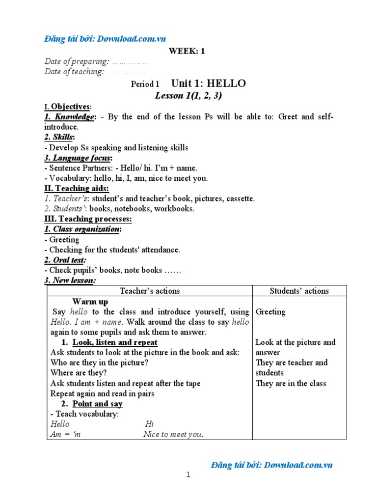Unit 1: Hello - Lesson Plans | PDF | Reading Comprehension | Question