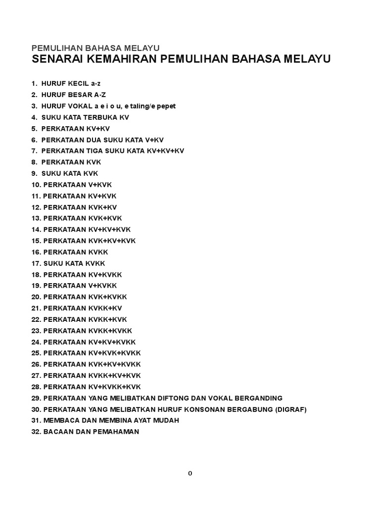 Senarai Kemahiran Pemulihan Bahasa Melayu