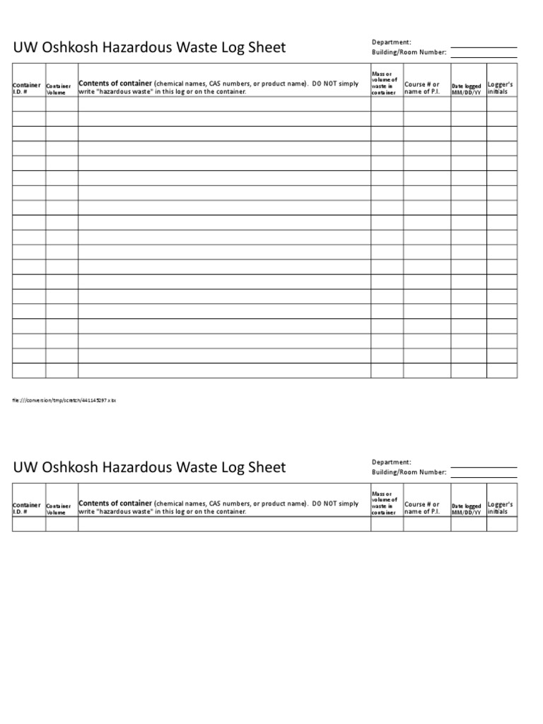 UW Oshkosh Hazardous Waste Log Sheet Contents of Container PDF