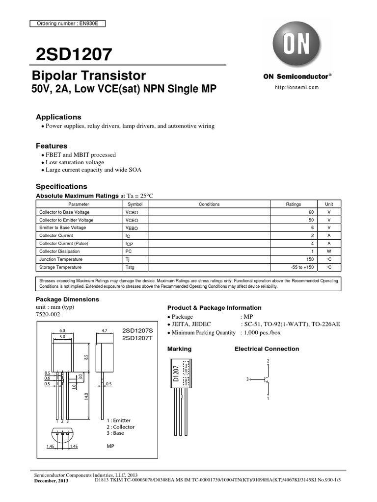 Bipolar Transistor 50V, 2A, Low VCE (Sat) NPN Single MP PDF Bipolar Junction Transistor