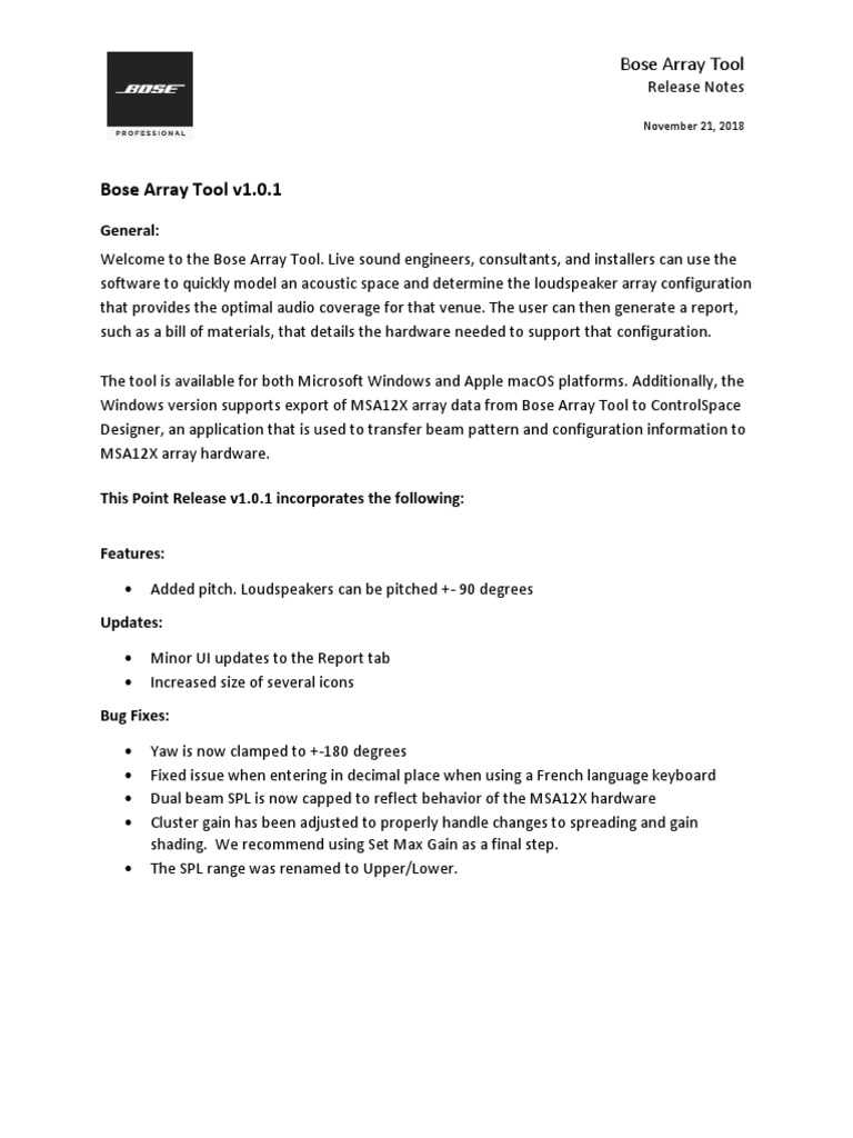 Bose Array Tool v1.0.1 Release Notes | PDF | Loudspeaker | Audio Engineer