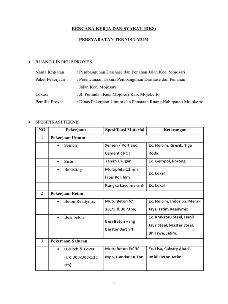 RKS Pembangunan Drainase Mojosari | PDF
