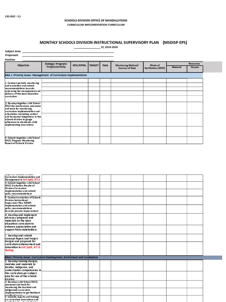 Monthly Instructional Supervisory Plan | PDF | Monitoring And ...