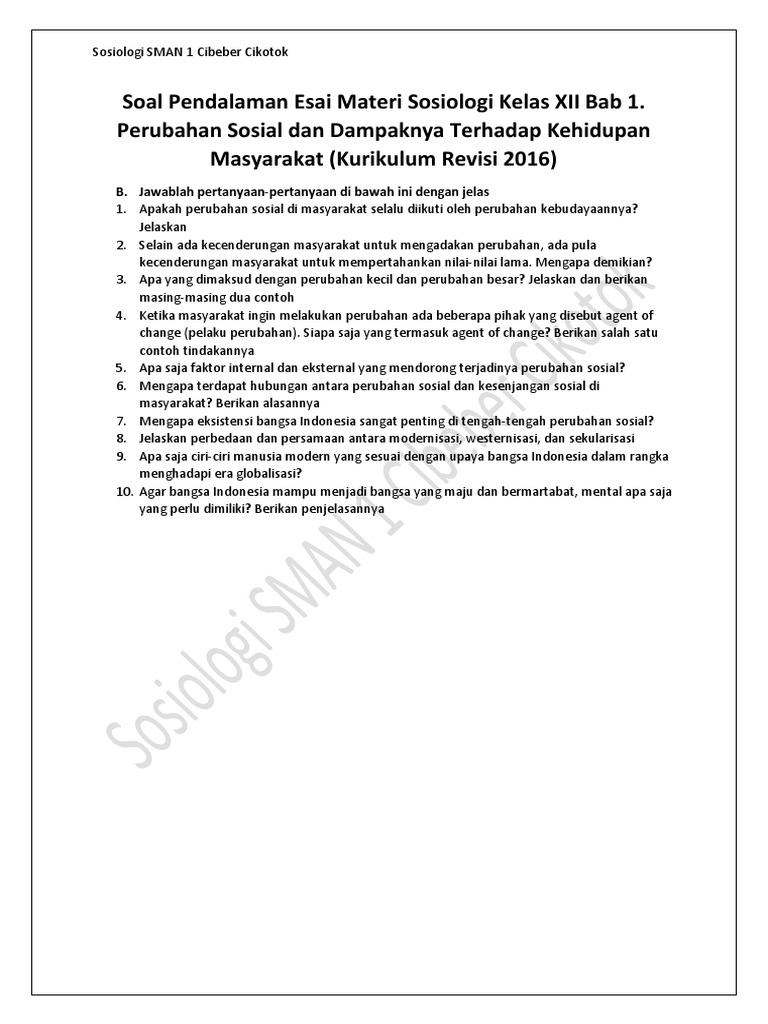 Soal Pendalaman Esai Materi Sosiologi Kelas Xii Bab 1 Perubahan Sosial Dan Dampaknya Terhadap Kehidupan Masyarakat Kurikulum Revisi 2016 Pdf