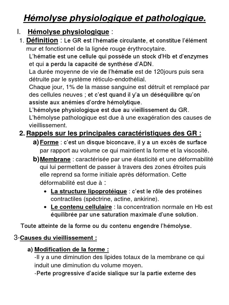 Hémolyse : Physiologique et Pathologique | PDF | Membrane cellulaire ...