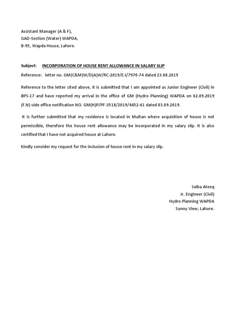 Subject Incorporation of House Rent Allowance in Salary Slip PDF