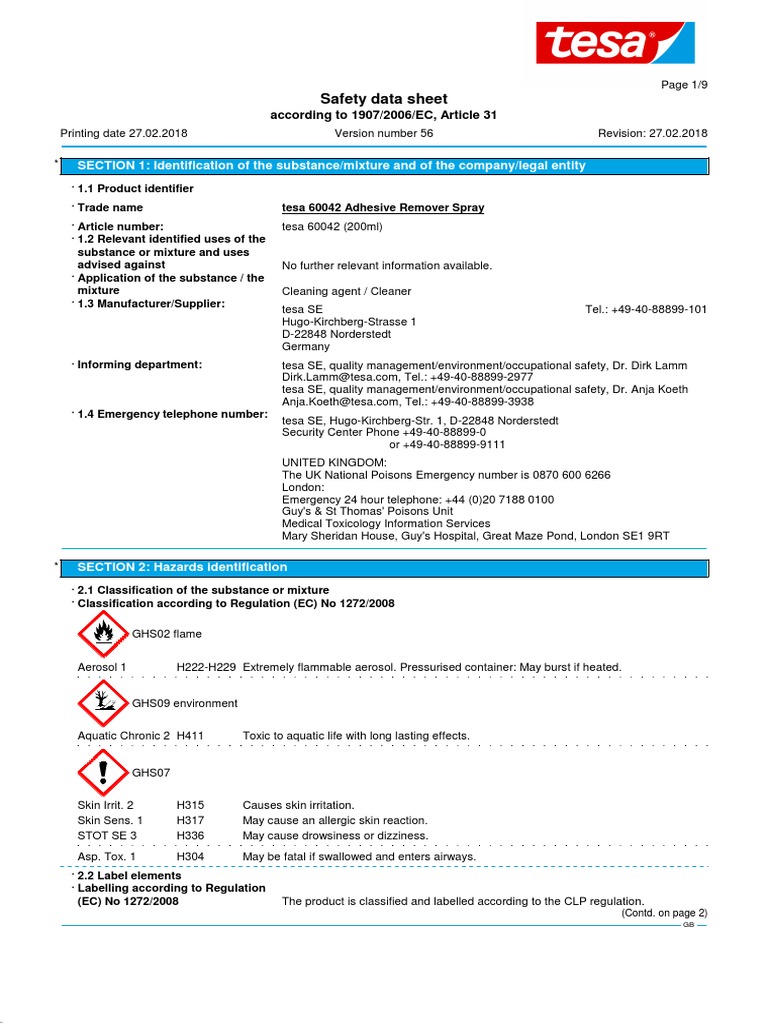 Msds Tesa 60042 Adhesive Remover Spray (1) Toxicity Dangerous Goods