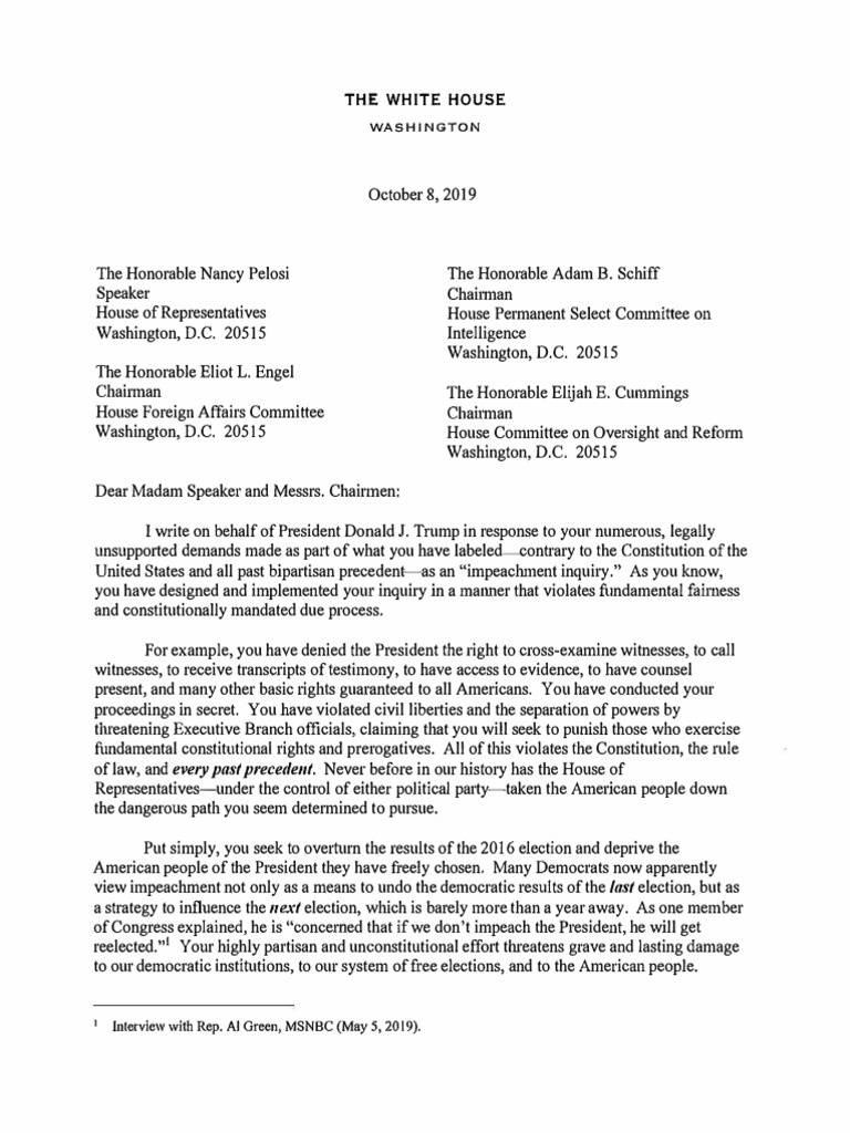 White House Letter To Pelosi Schiff Et Al Over Impeachment