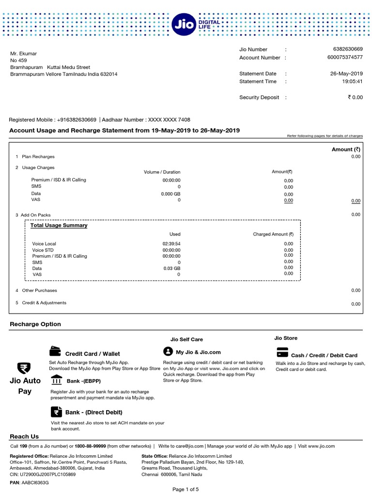 Jio Bill PDF Credit Card Debit Card