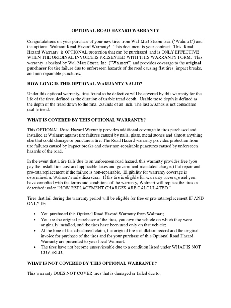 Walmart Road Hazard Warranty DocumentAll Others Download Free PDF
