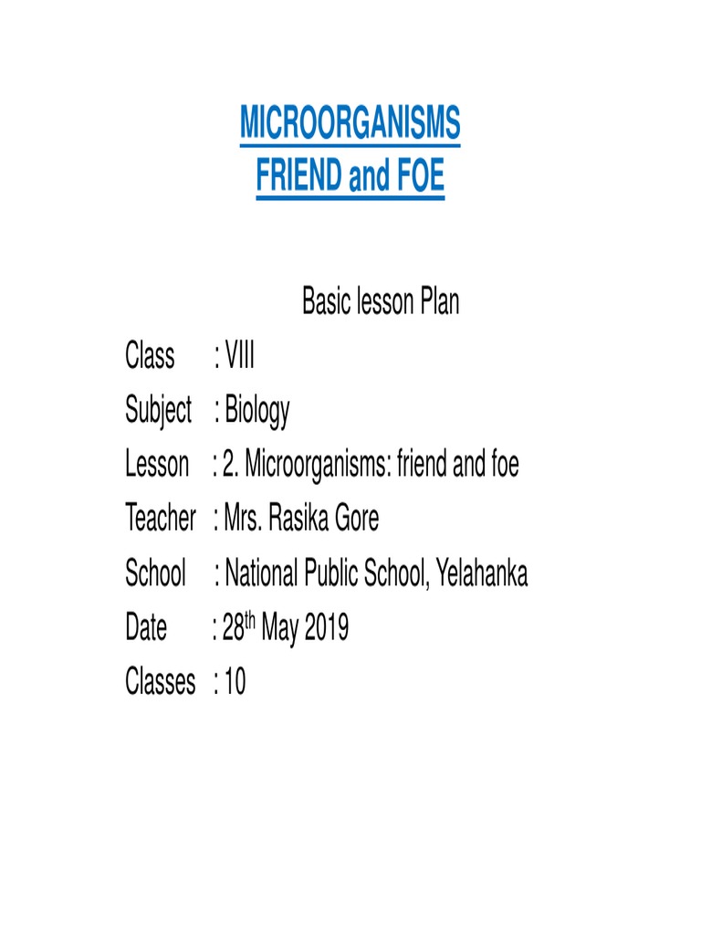 Basic Lesson Plan Class 8 Microorganism Friend and Foe | Download Free ...