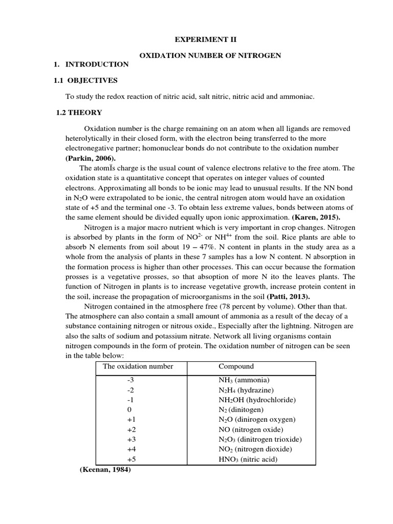 Experiment Ii Oxidation Number of Nitrogen 1.1 Objectives | PDF ...
