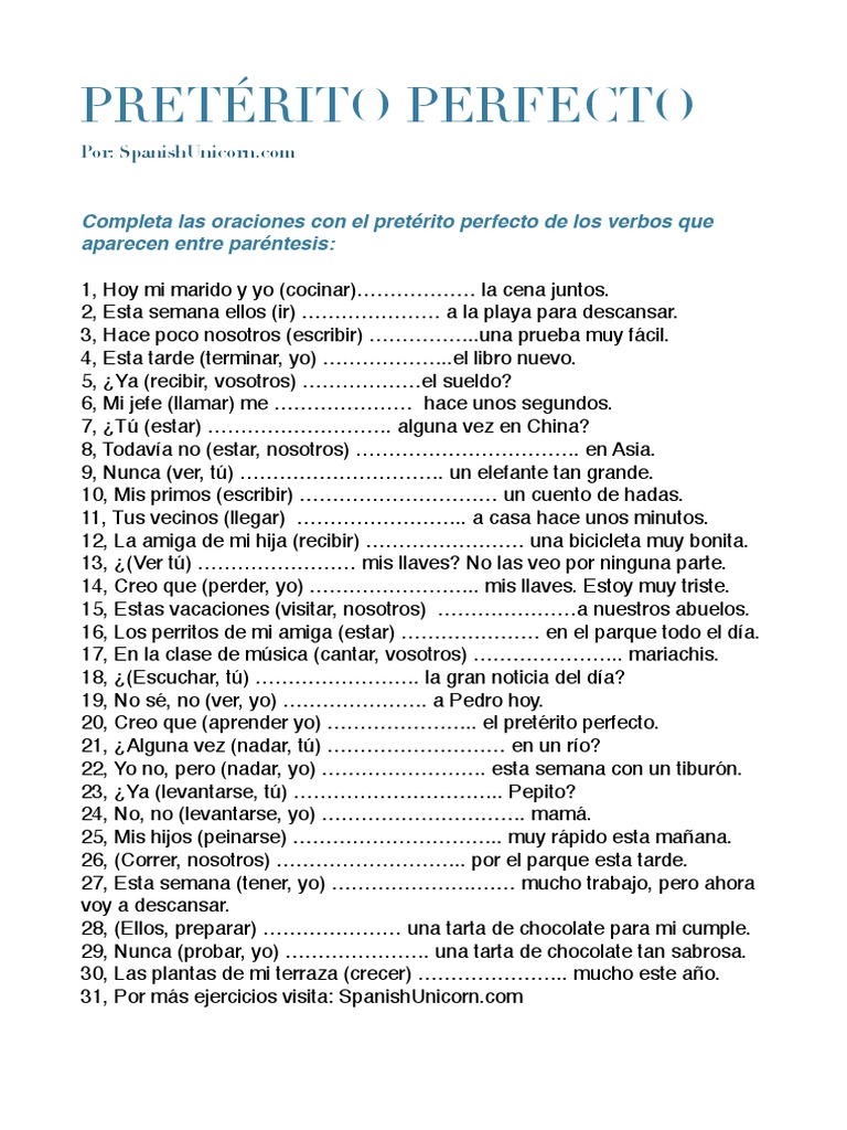 Ejercicios de Pretérito Perfecto | PDF