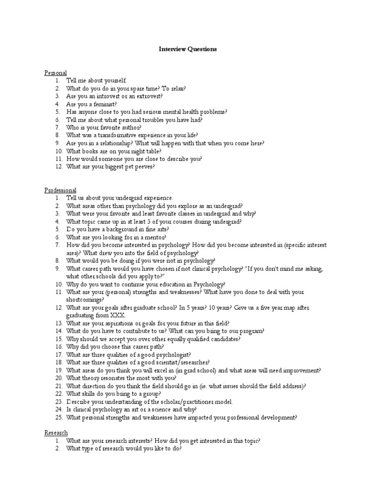 Interview Questions Clinical Psychology Psychology & Cognitive Science