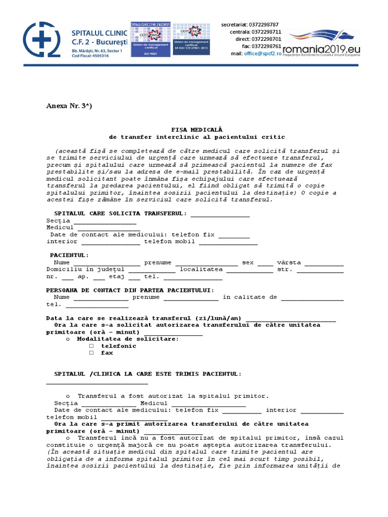 Fisa Medicala de Transfer Interclinic Al Pacientului Critic | PDF