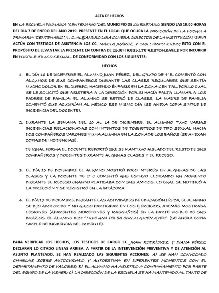 Ejemplo Acta de Hechos Primaria Educación avanzada Escuelas