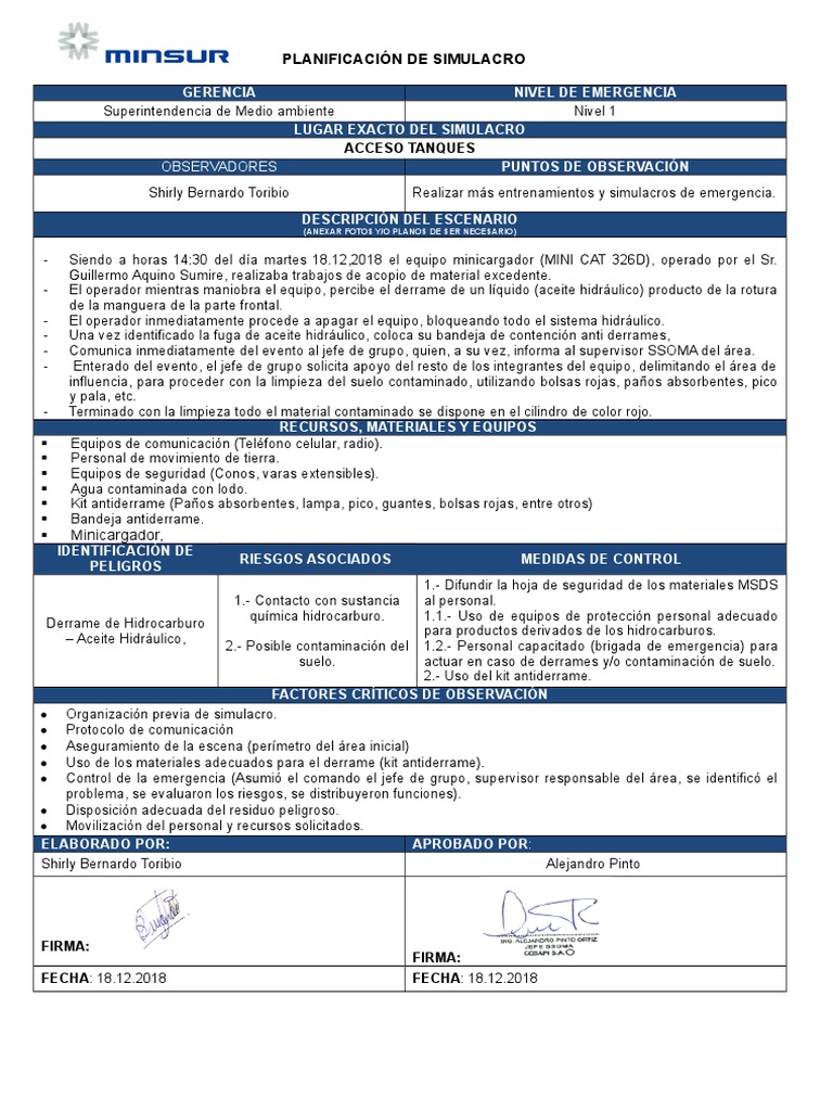 Informe de Simulacro de Derrame Químico | PDF | Contaminación | Naturaleza