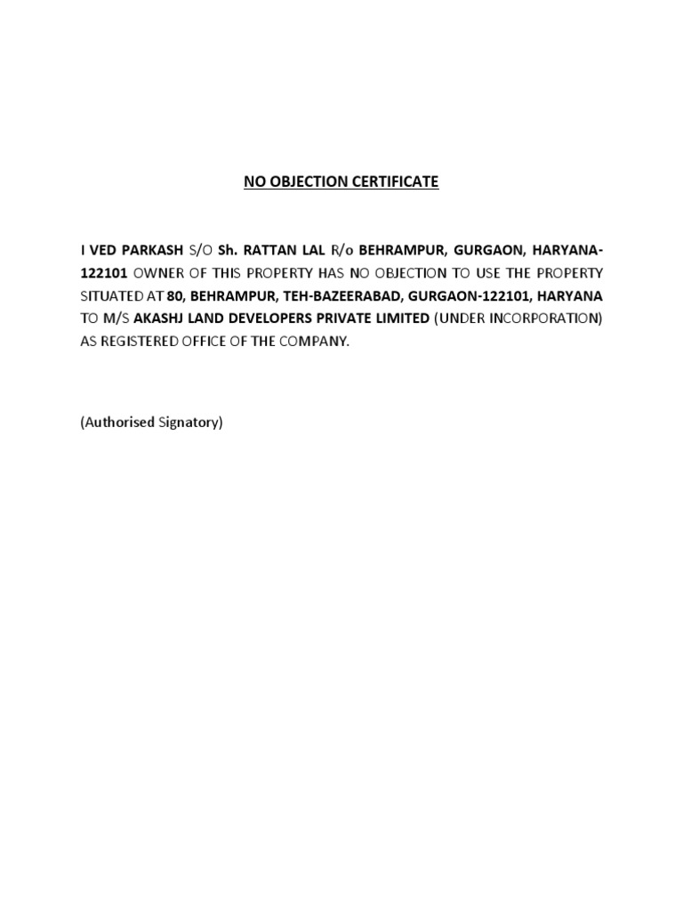 No Objection Certificate for Property Use | PDF